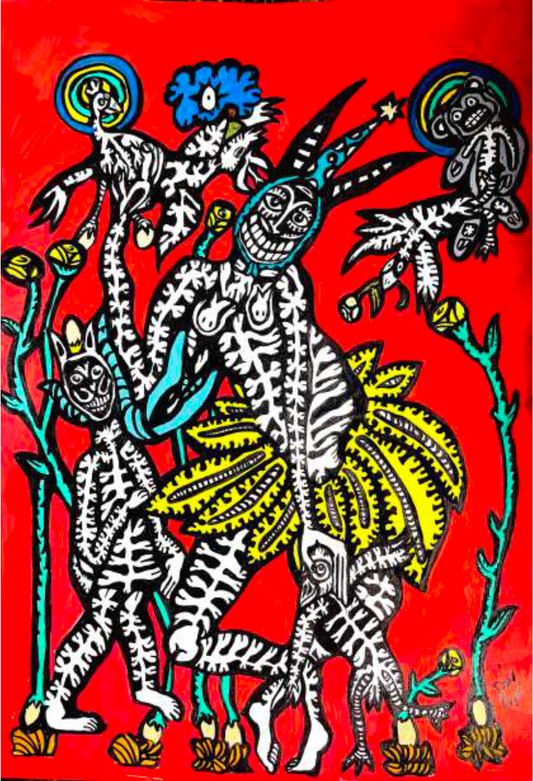 Some human and animal figures on red background.