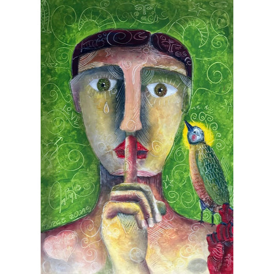 A man showing silence with his hand and a bird is on his shoulder.