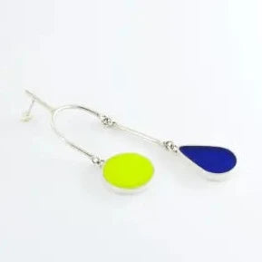 Silver earring formed by two forms which filed with blue and yellow epoxy resin.