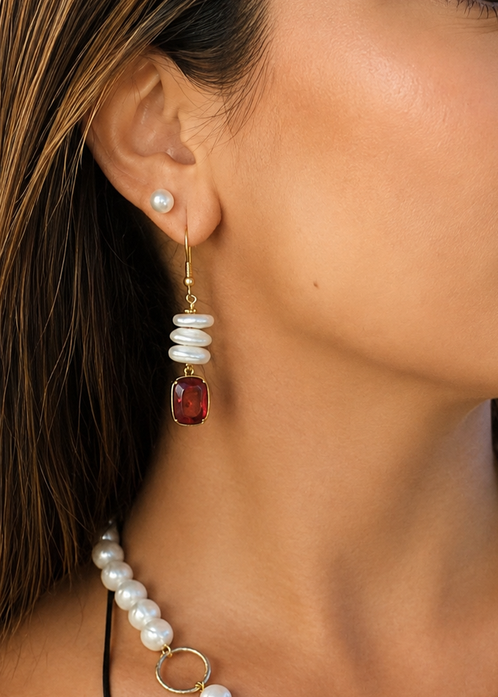 Handmade Coin Pearls Earring by Fati Bijoux ( Coin Pearls, Magenta Quartz)
