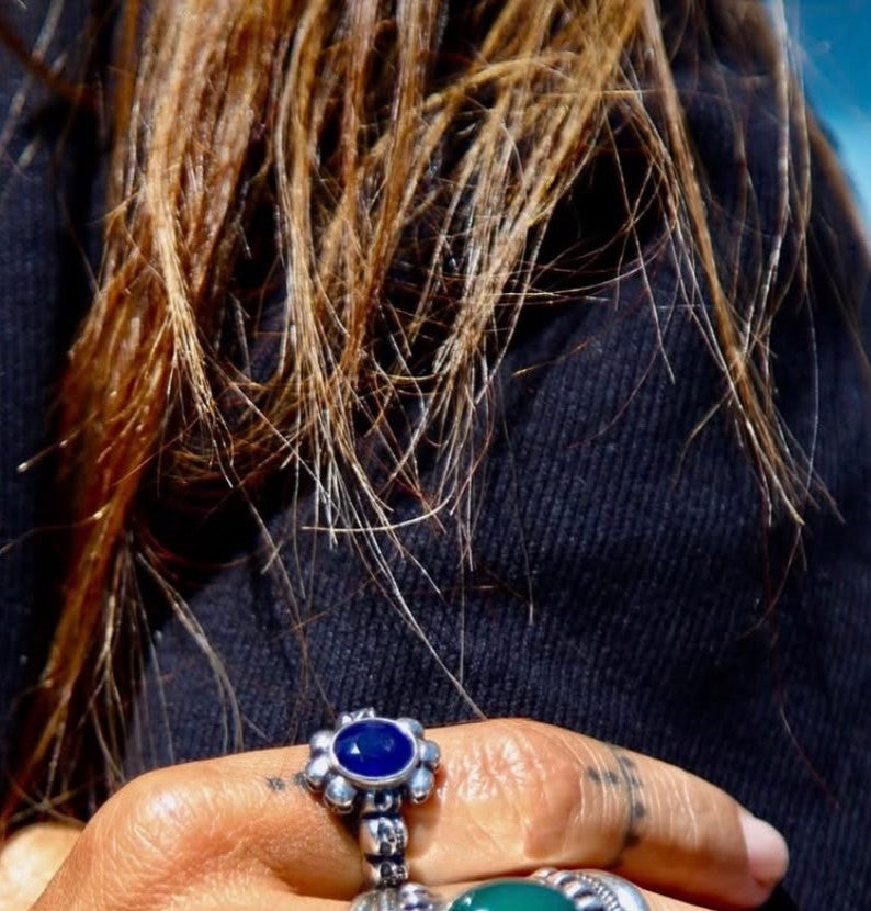Handmade Silver Skull ring with sapphire stone by Sun Nafissi