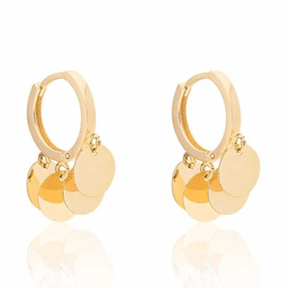 Gold earrings including little hoop with four circle pendants..