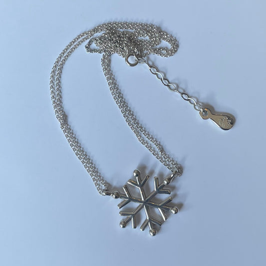 Silver necklace with double thin chain and snow design. 