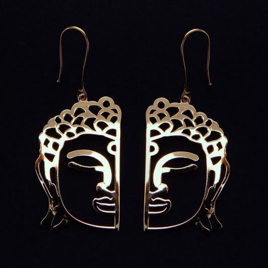 Flat earrings in the shape of Buddha side view.
