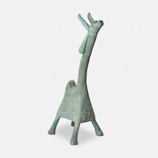 Blue papier Mache goat sculpture with long neck.
