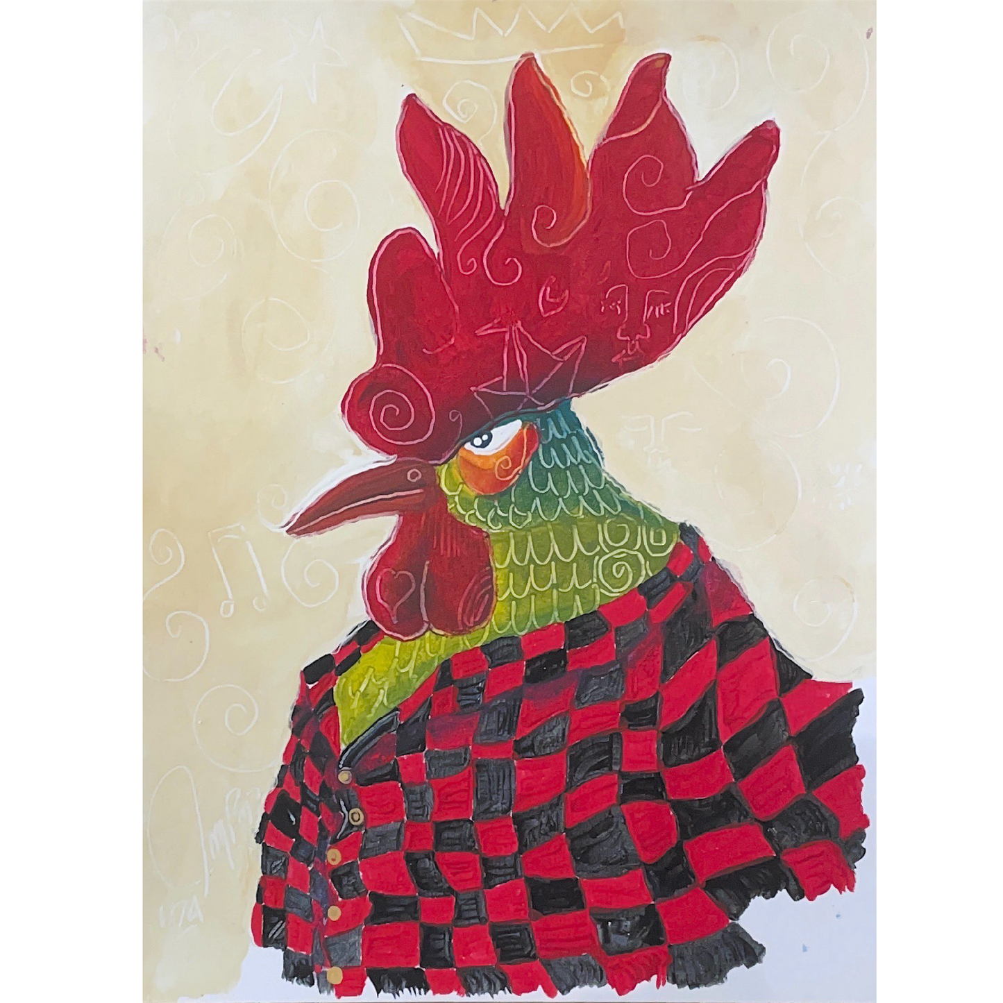 "Canadian Rooster" by Jorge Roja, Acrylic on Paper (12.60" × 9.45")