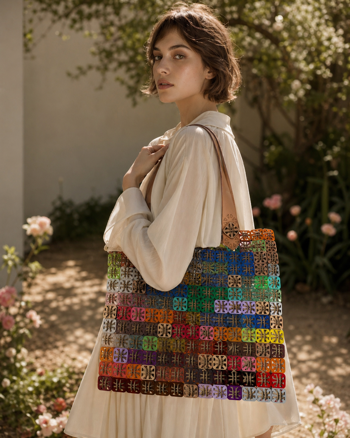 Handcrafted pixel shoulder bag in laser-cut acrylic and cord by Studio Jazbi