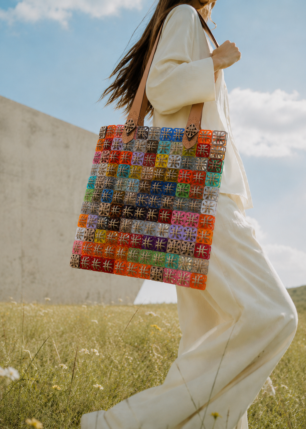 Handcrafted pixel shoulder bag in laser-cut acrylic and cord by Studio Jazbi