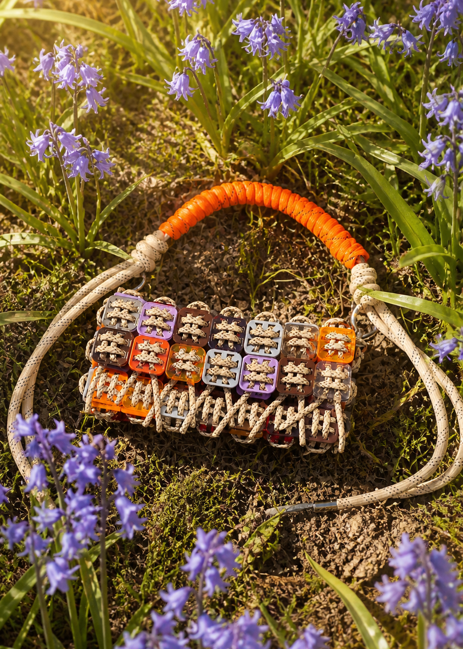 Handcrafted pixel bag in laser-cut wood, acrylic, and cord by Studio Jazbi