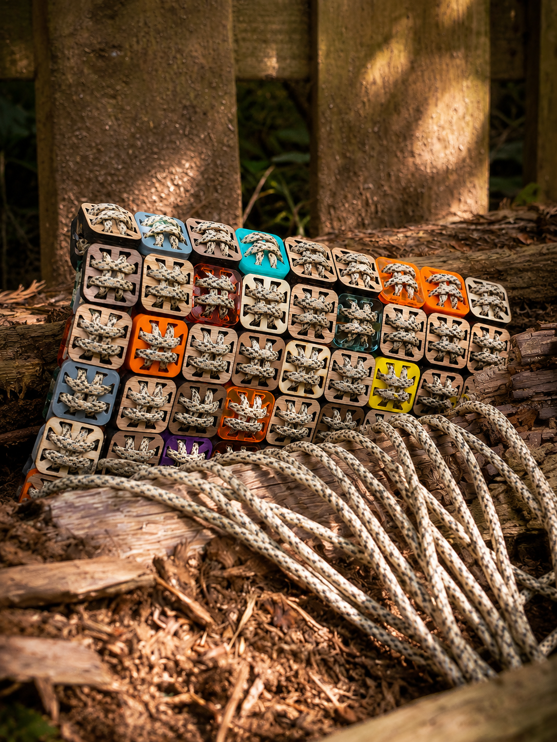 Handcrafted pixel clutch in laser-cut wood, acrylic, and cord by Studio Jazbi