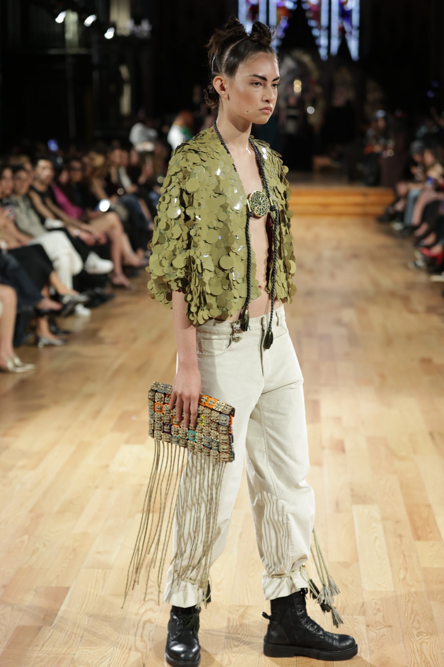 Handcrafted pixel clutch in laser-cut wood, acrylic, and cord by Studio Jazbi
