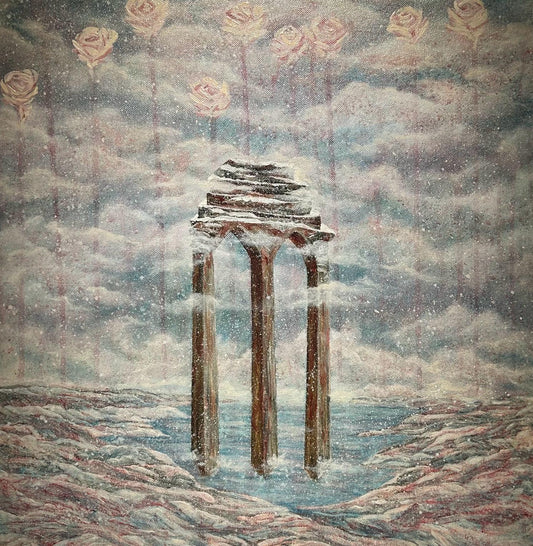 A gate between clouds and white roses.