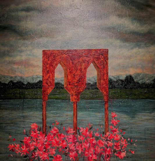 A red gate on the water.