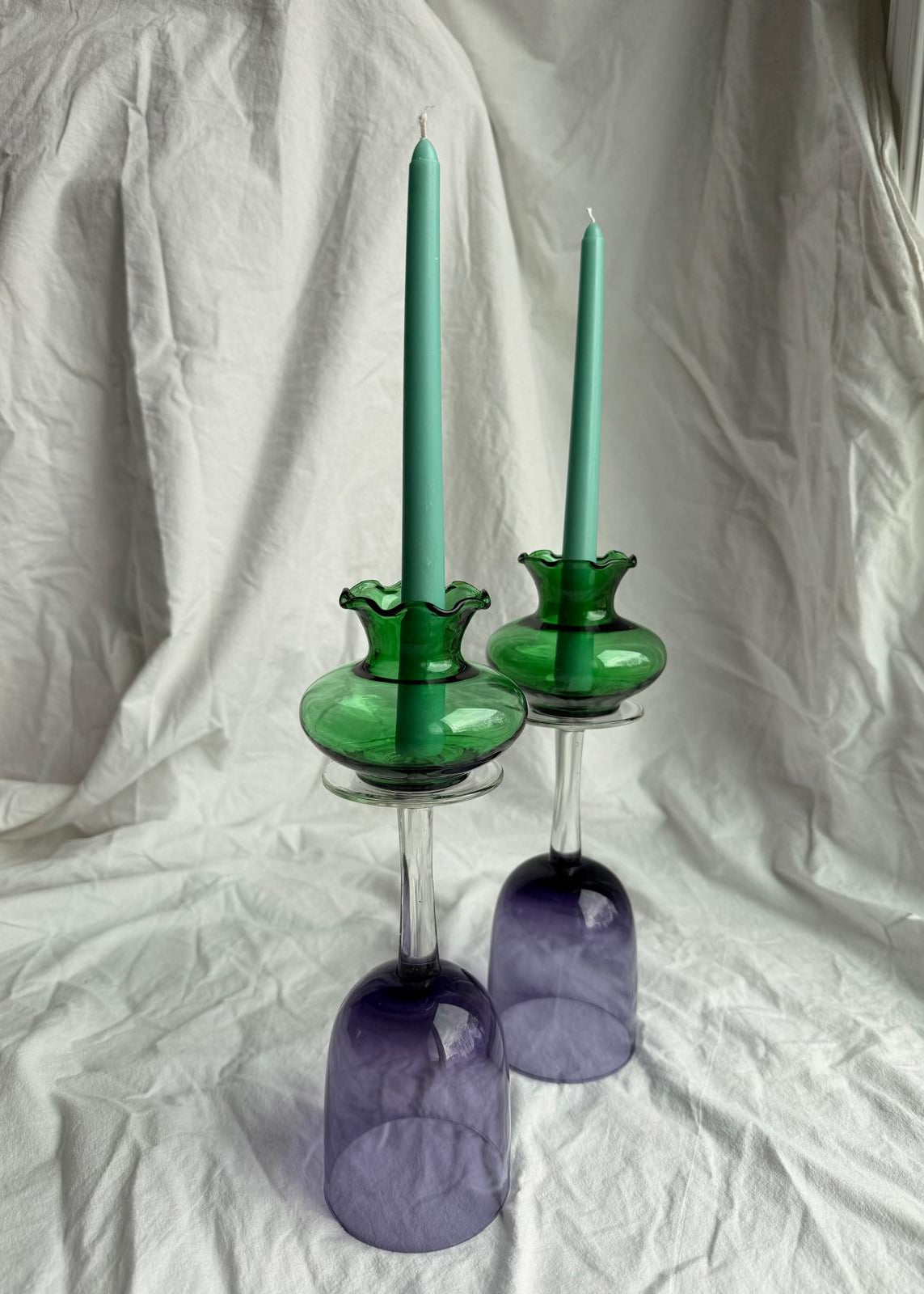 Set of Two Upcycled Glass Candle Holders – Green Top, Purple Body by Melika Shafahi