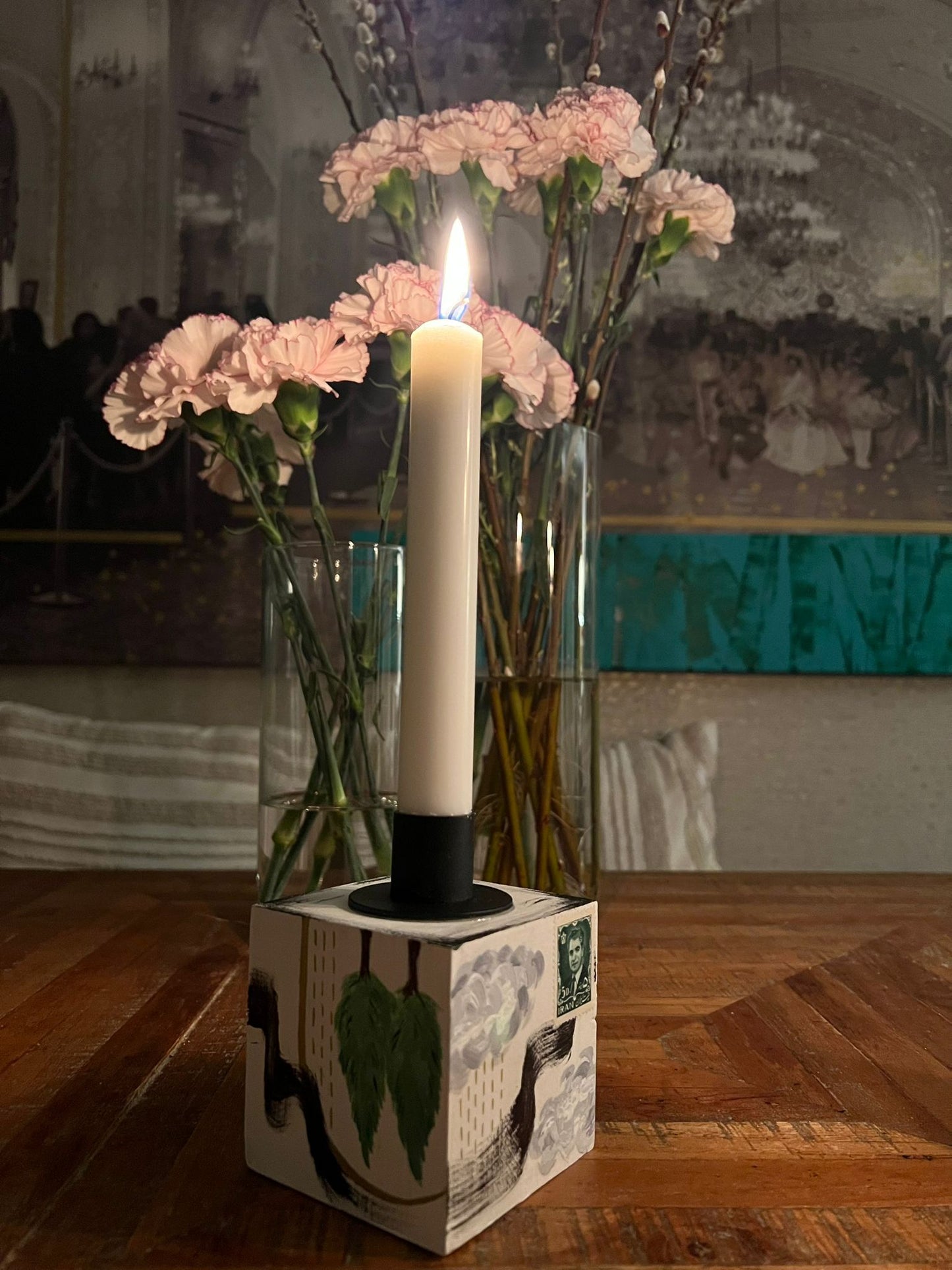 Hand-Painted Wooden Collage Candle Holder by Mona Raissi