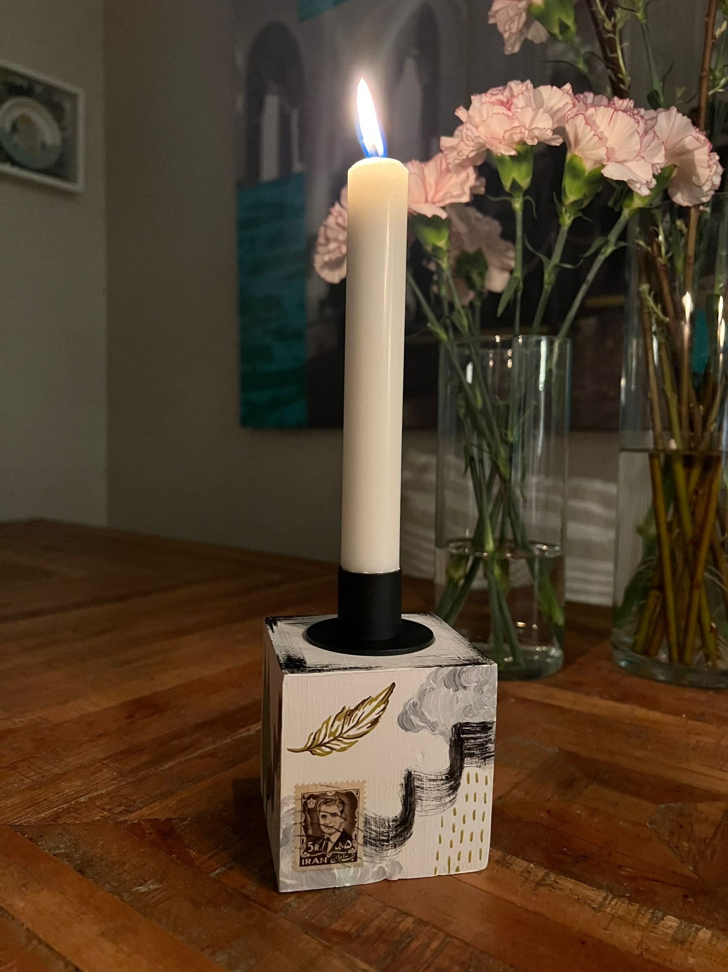 Hand-Painted Wooden Collage Candle Holder by Mona Raissi