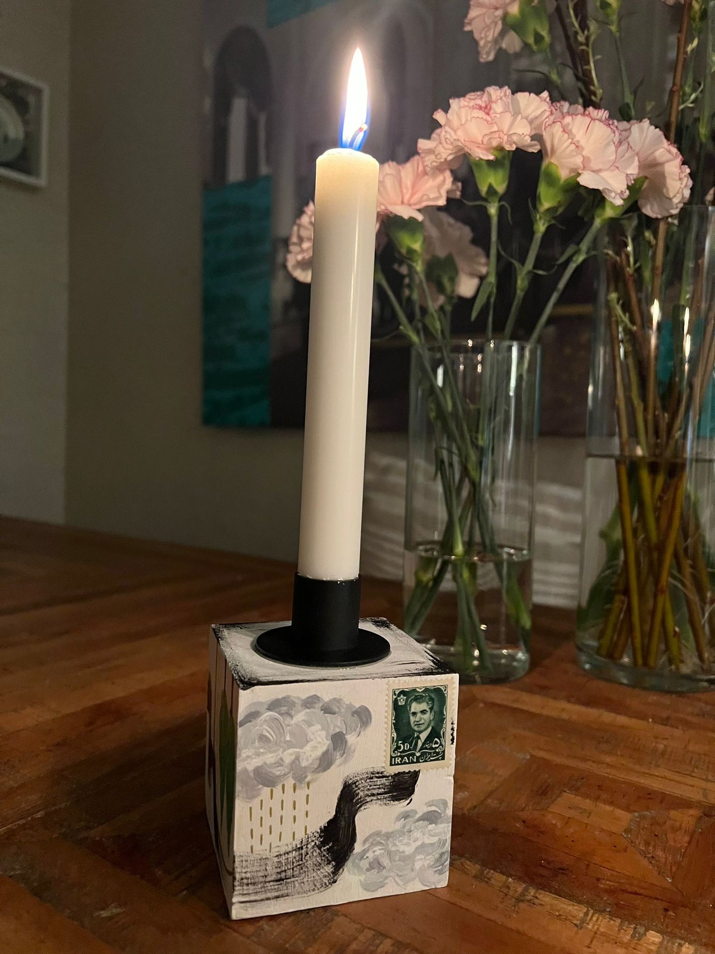 Hand-Painted Wooden Collage Candle Holder by Mona Raissi