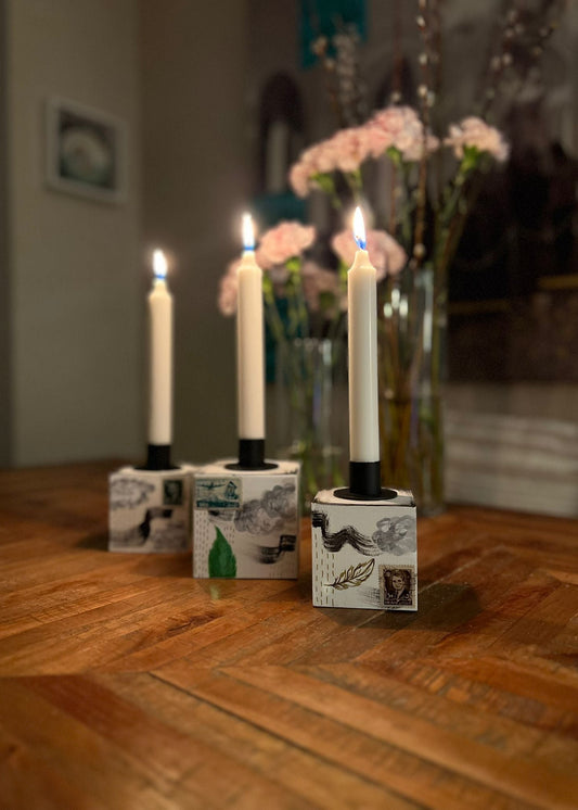 Hand-Painted Wooden Collage Candle Holder by Mona Raissi