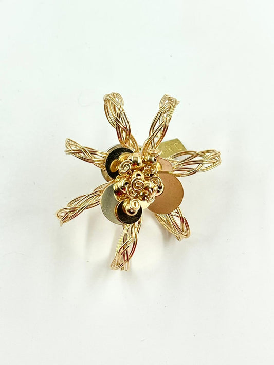 Gold Five leaf Flower Pin - Handmade by Sareh Ghomi (14k goldfield wire and beads)