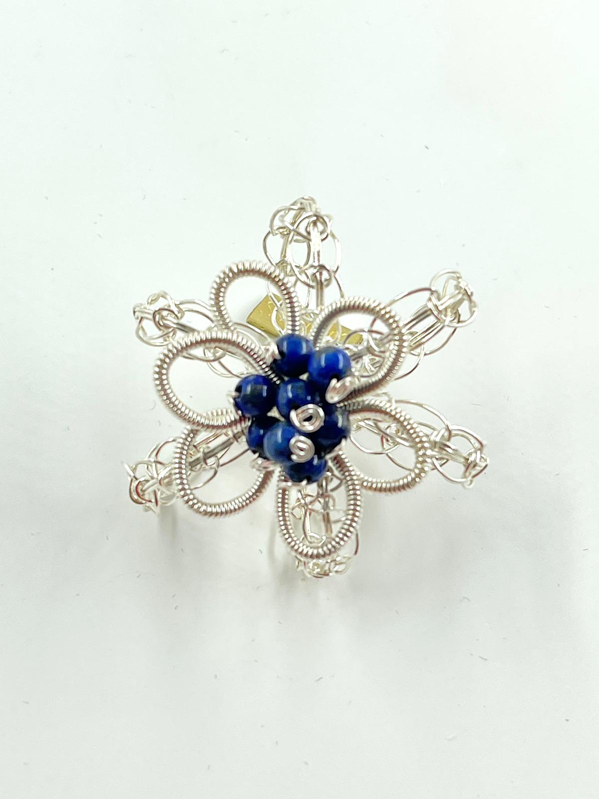 Silver Flower Pin with Lapis Lazuli Ornaments– Handmade by Sareh Ghomi (Sterling Silver, Lapis Lazuli)