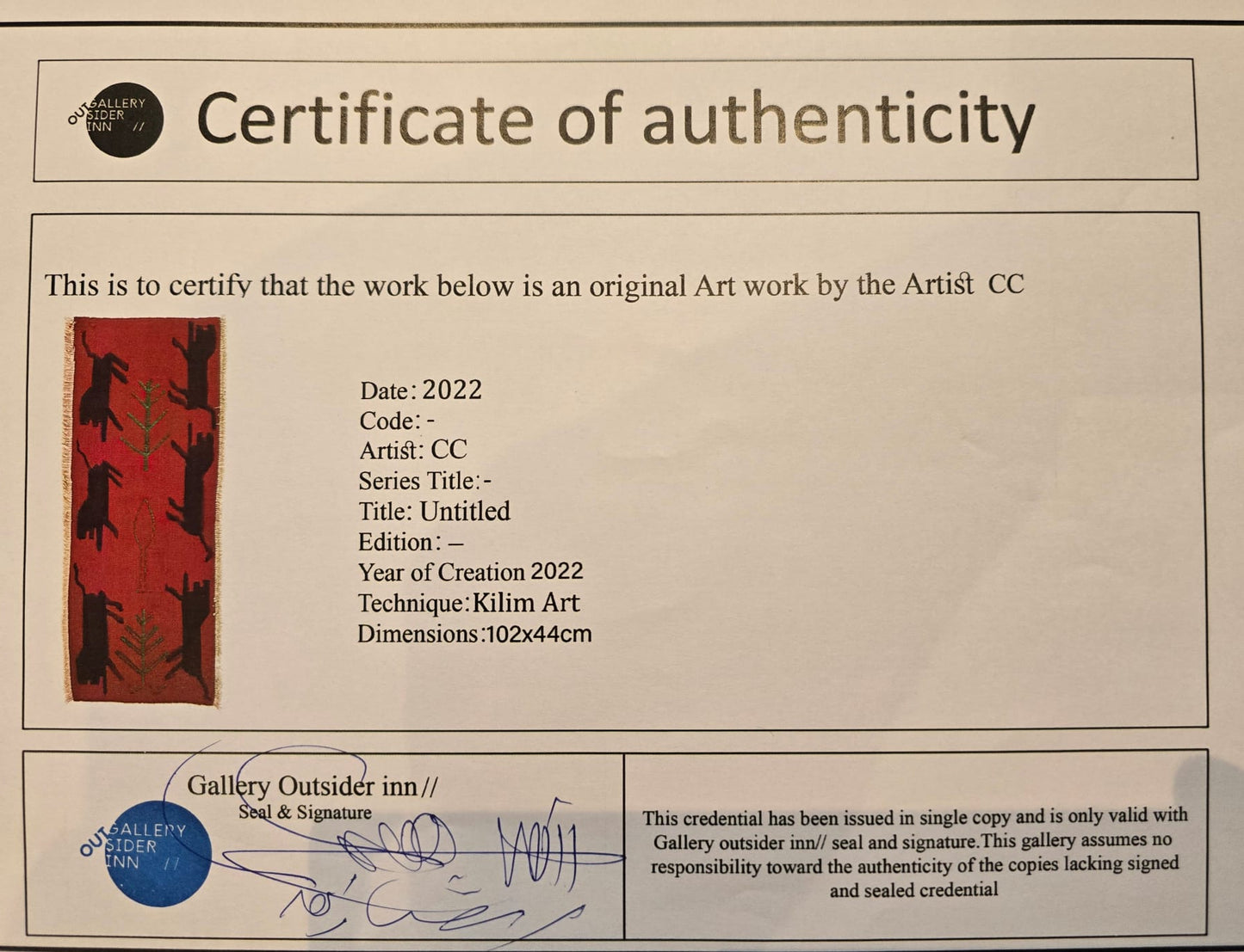 "Untitled" Textile Art by CC - Kilim Art (H: 37.40 in × W: 21.26 in)