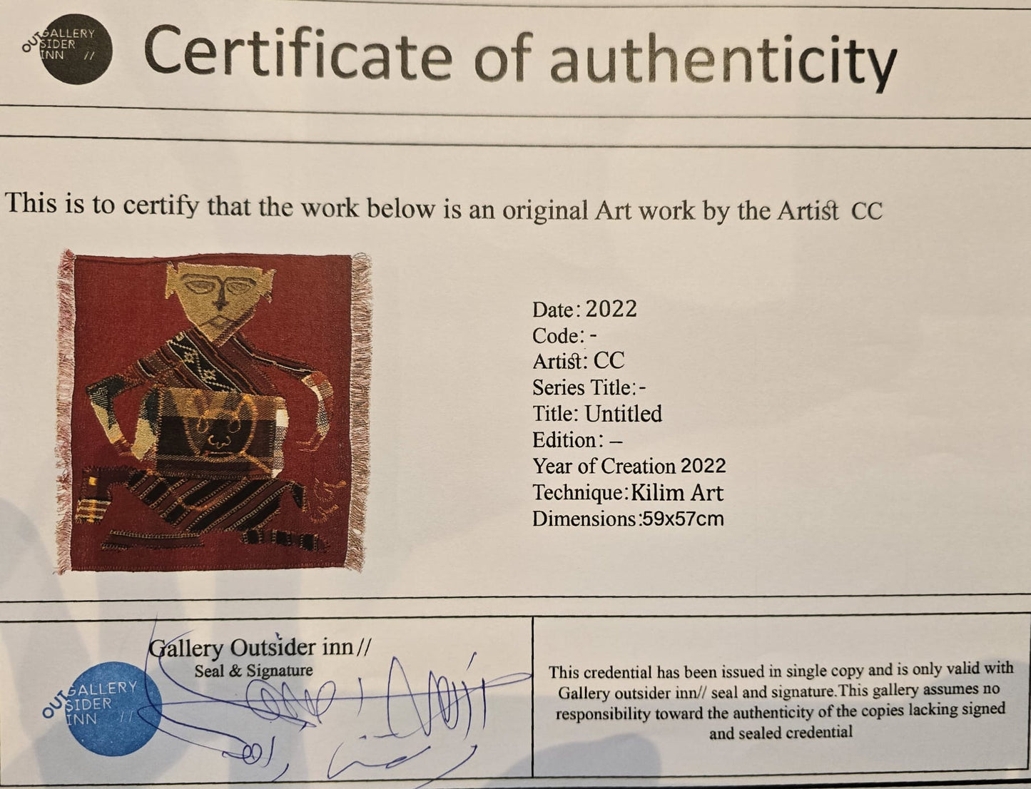 "Untitled" Textile Art by CC - Kilim Art (H: 23.23 in × W: 22.44 in)