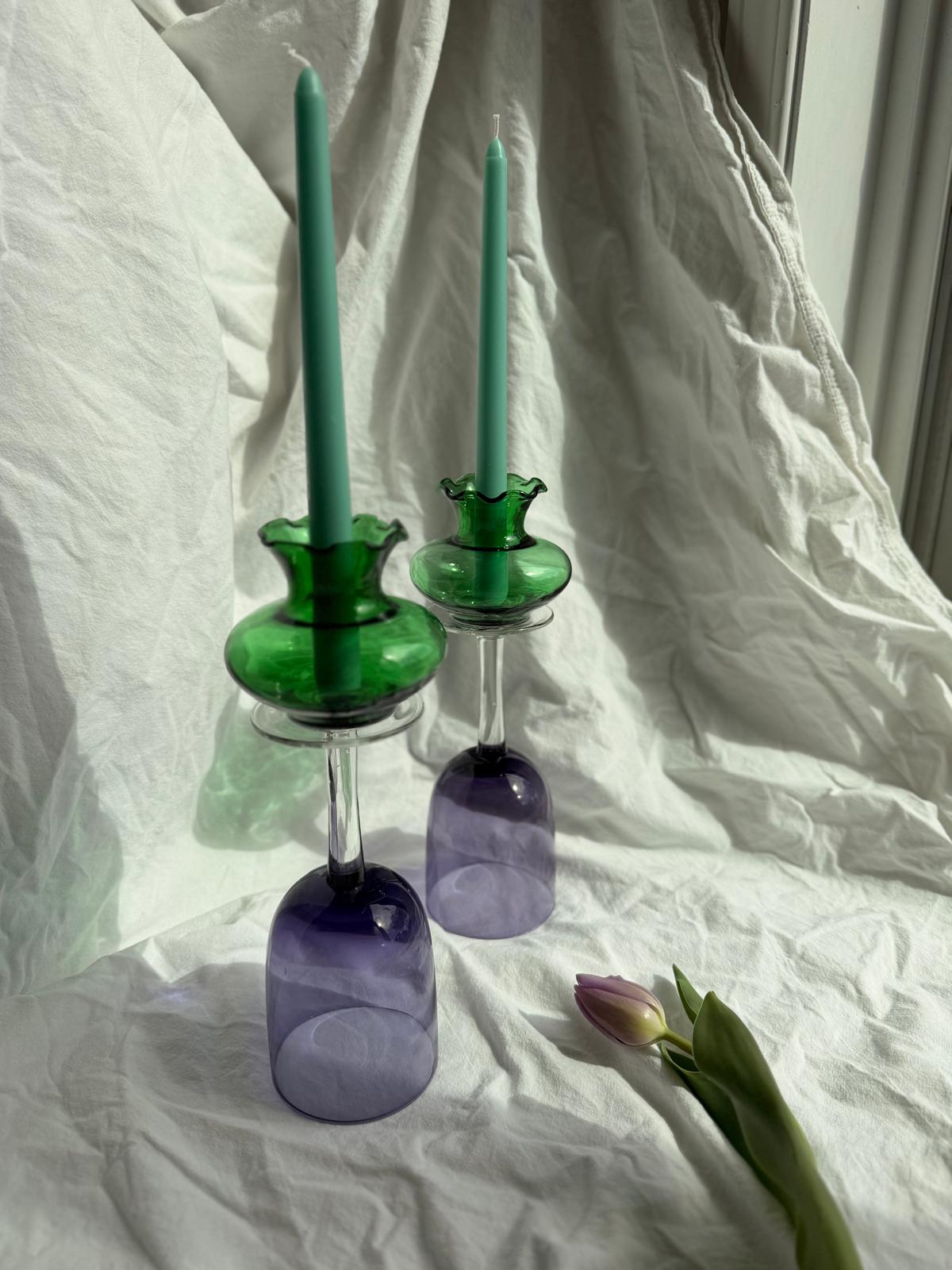 Set of Two Upcycled Glass Candle Holders – Green Top, Purple Body by Melika Shafahi