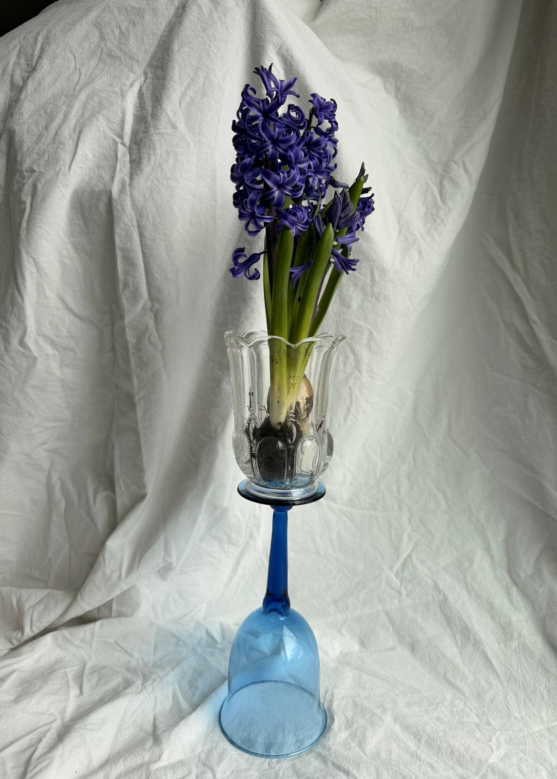 Upcycled Glass Candle Holder – Clear Top, Blue Body by Melika Shafahi