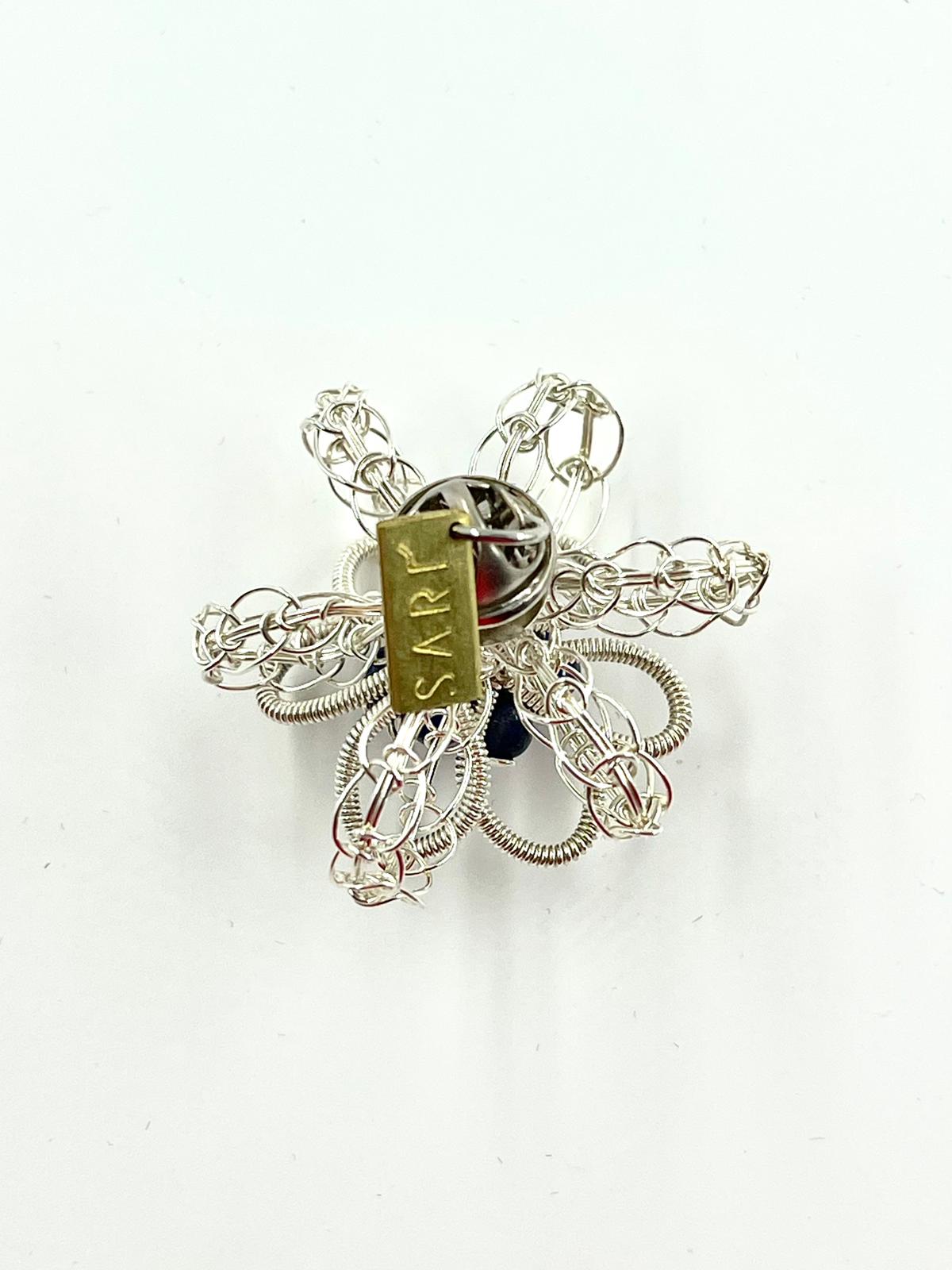 Silver Flower Pin with Lapis Lazuli Ornaments– Handmade by Sareh Ghomi (Sterling Silver, Lapis Lazuli)