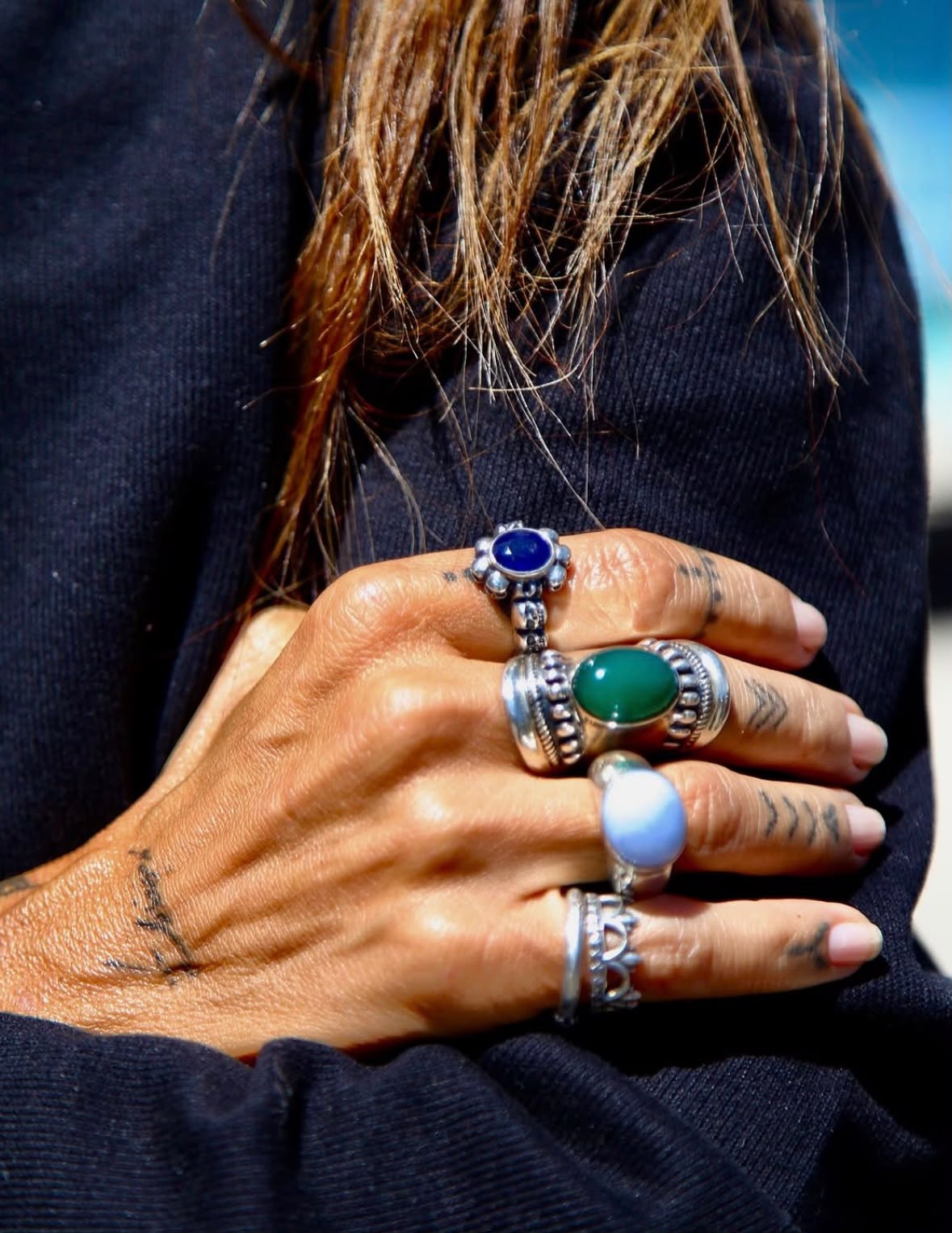 Handmade Silver Skull ring with sapphire stone by Sun Nafissi