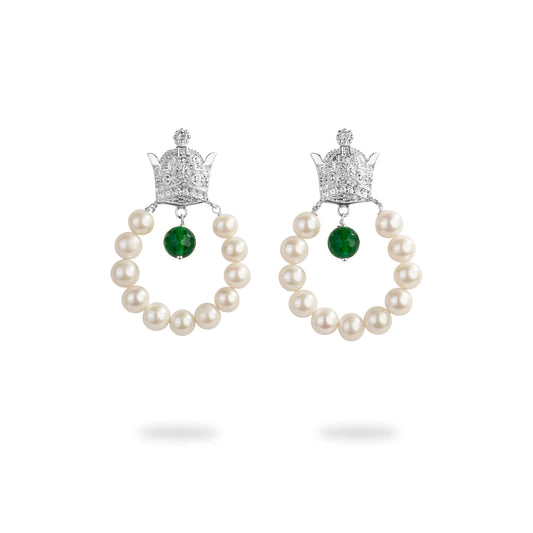 Silver Crown Earrings with Pearl and Green Agate by Zargoon Design