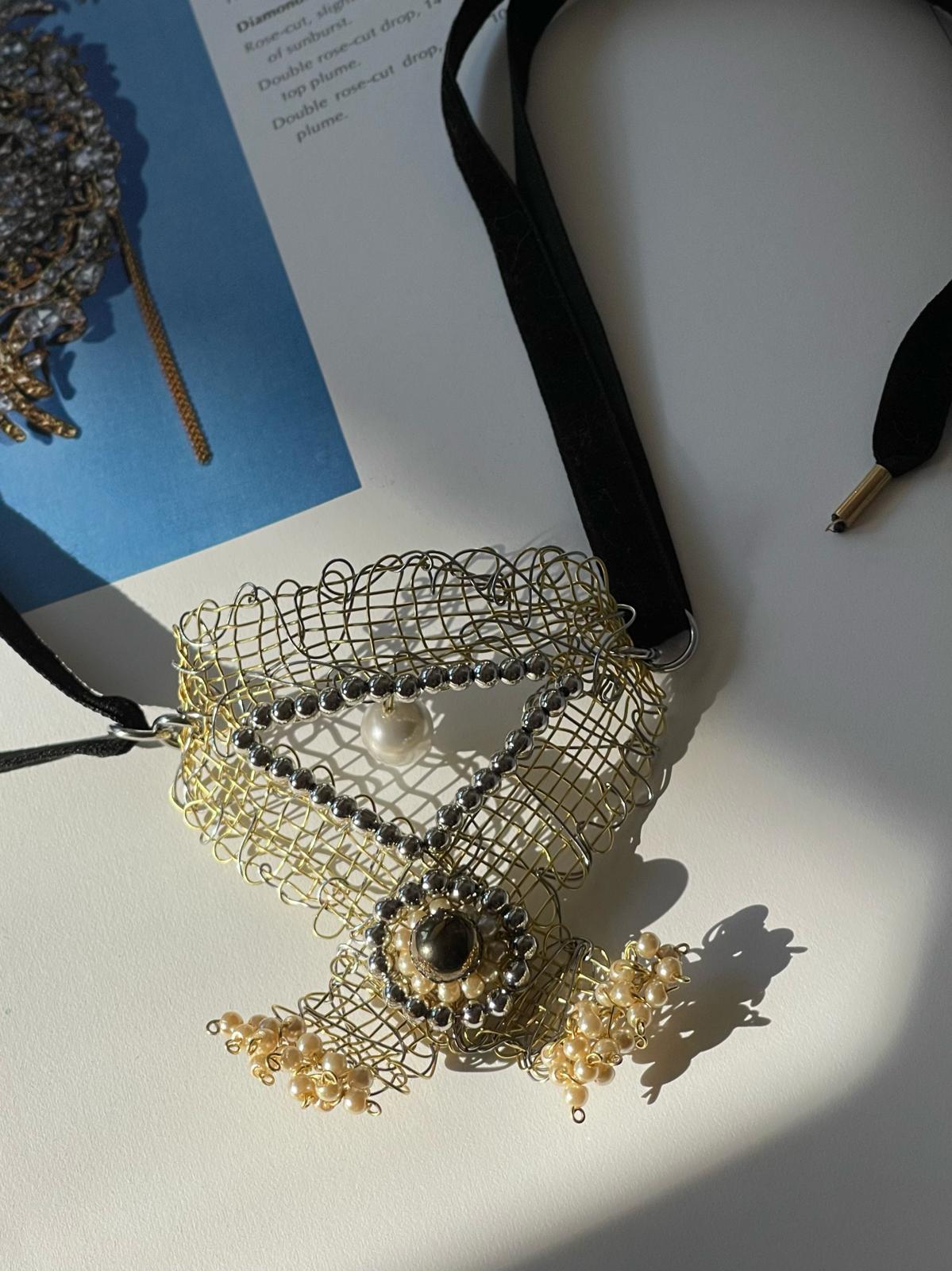 Convertible Brass Choker–Headpiece with Pearls & Hematite by Sareh Ghomi