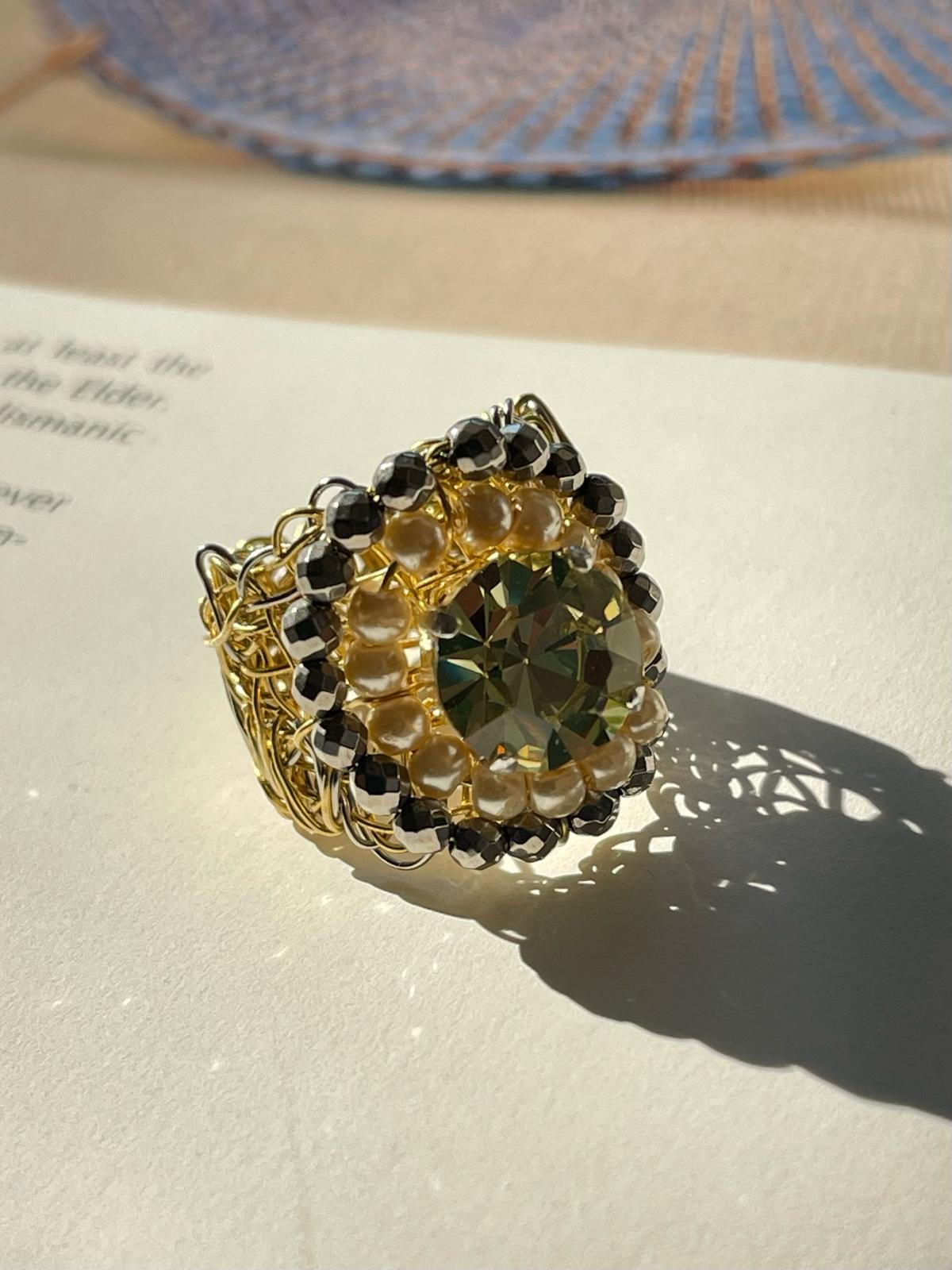 Artisan Brass & Swarovski Pearl Ring by Sareh Ghomi