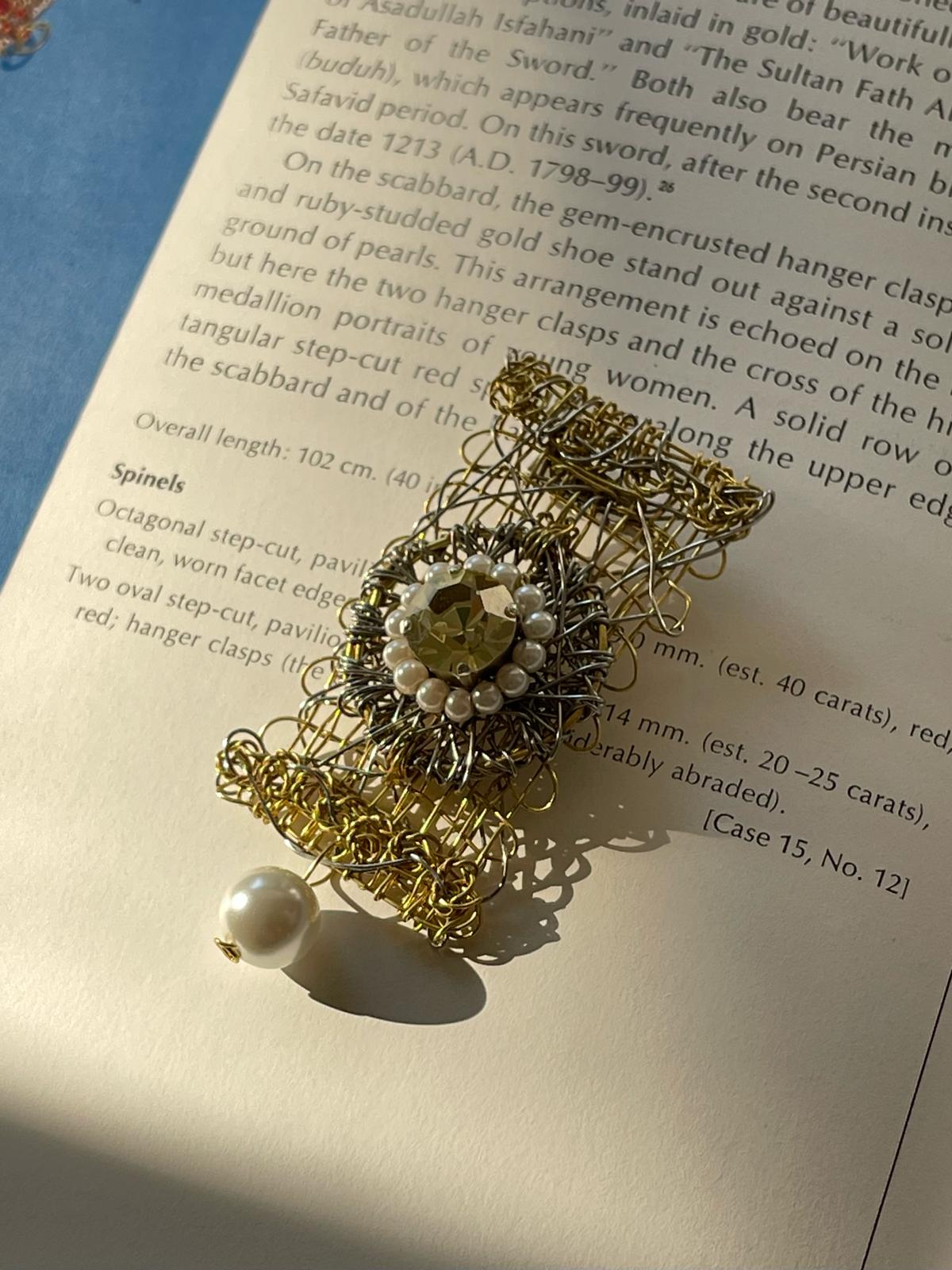 Handmade Brass & Swarovski Crystal Pearl Brooch by Sareh Ghomi