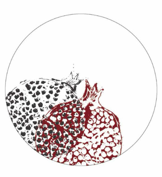 Metal-Framed Round Mirror with Black and Red Abstract Pomegranates Printed by Rashed