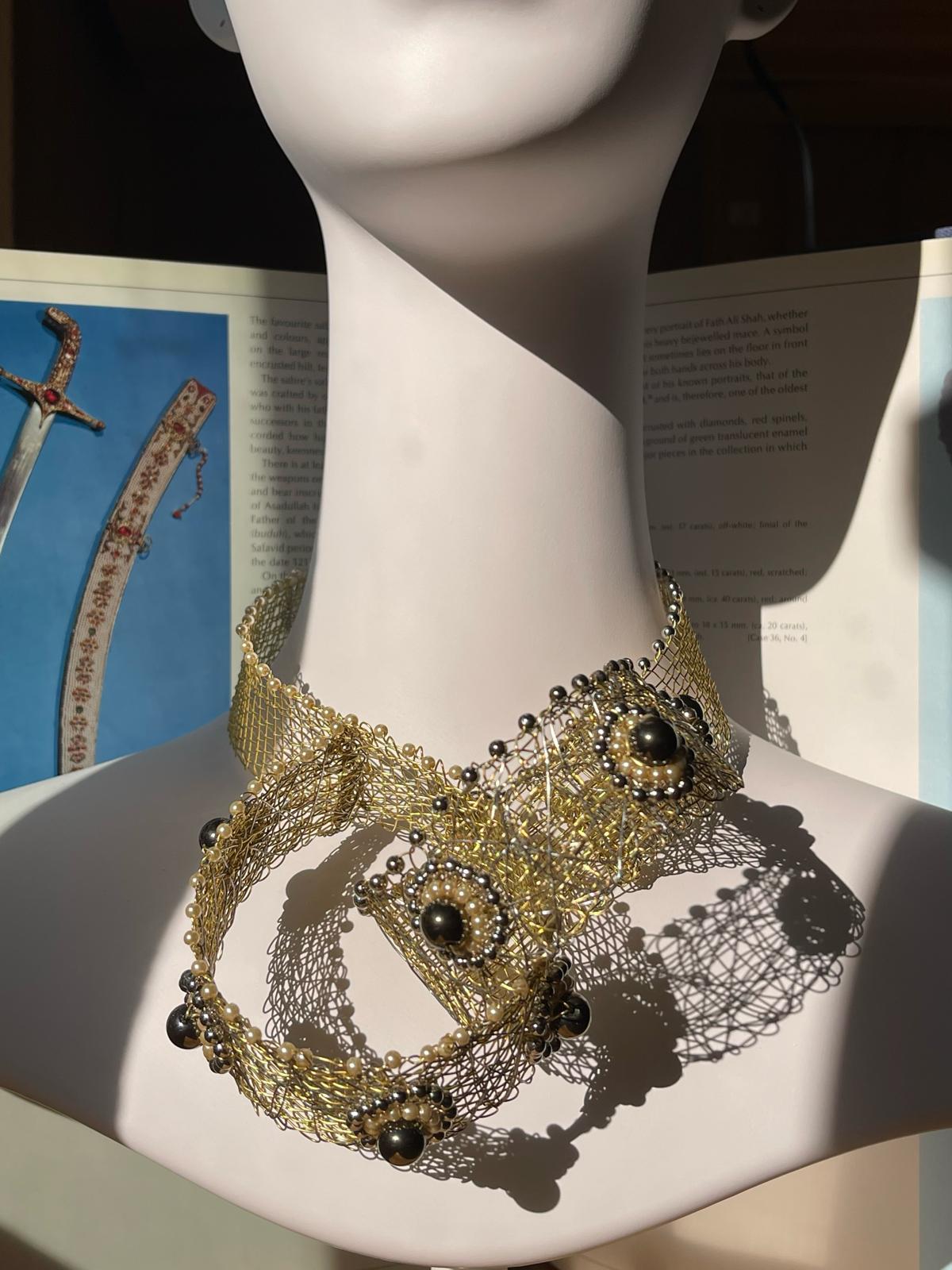 Artisan Brass Necklace with Hematite, Steel Beads & Pearls by Sareh Ghomi