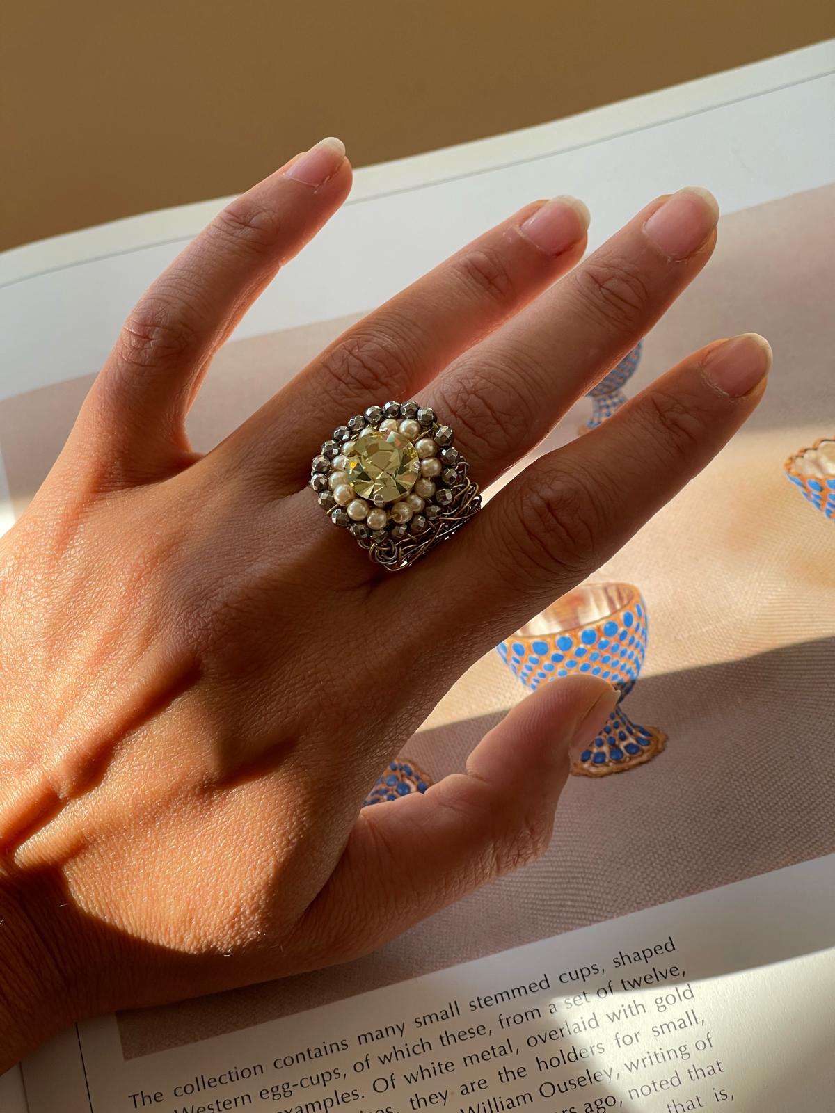 Artisan Brass & Swarovski Pearl Ring by Sareh Ghomi