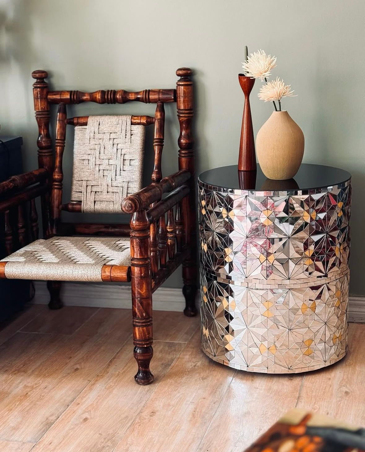 Wooden Side table decorated with Mirror working (Aina-kari)