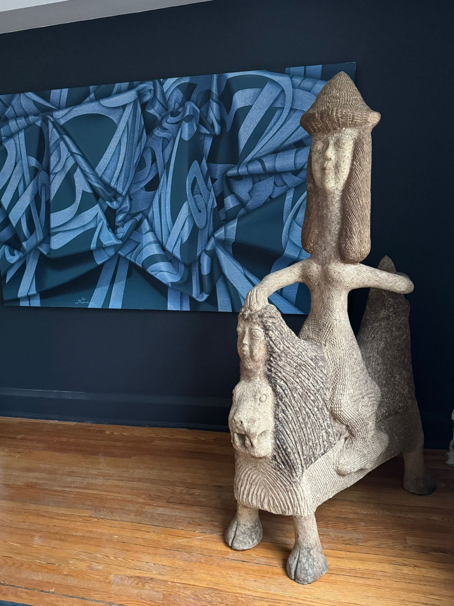 "Guardian of Two Words" Sculpture by Alikhan-Papier-Mâché, 185 cm (72.8") H × 110 cm (43.3") L × 55 cm (21.7") W