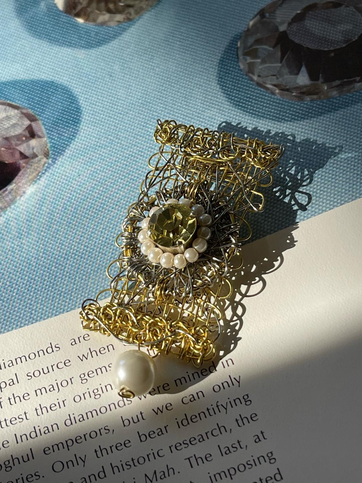 Handmade Brass & Swarovski Crystal Pearl Brooch by Sareh Ghomi