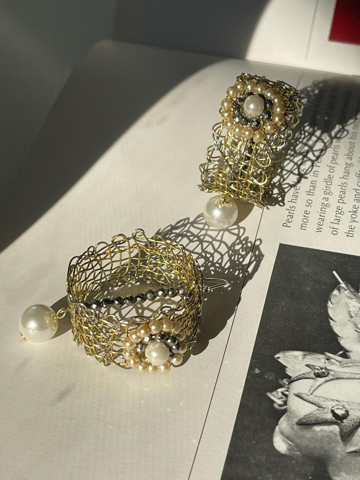 Artisan Brass Earrings with Hematite and Pearls by Sareh Ghomi