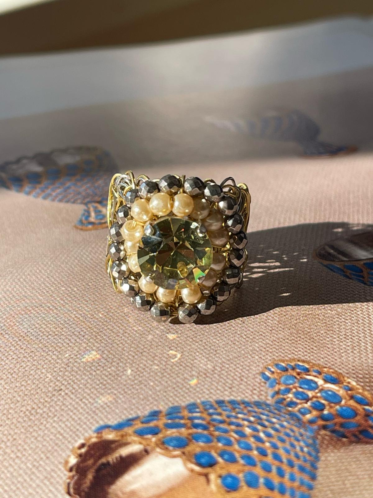 Artisan Brass & Swarovski Pearl Ring by Sareh Ghomi