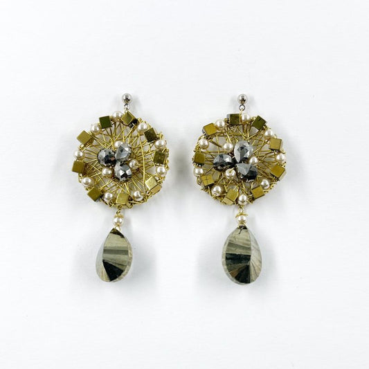 Elegant Brass Earrings Adorned with Hematite Gemstones by Sareh Ghomi