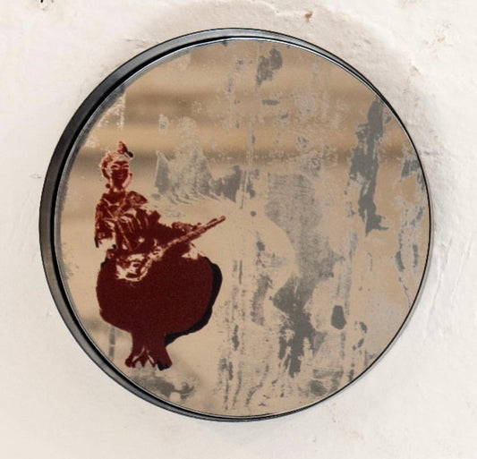 Metal-Framed Round Mirror with a Woman Playing Setar and Pomegranate Skirt Printed by Rashed