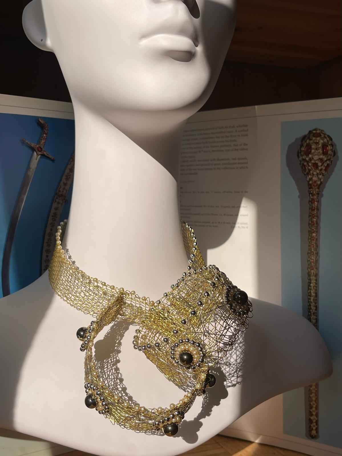 Artisan Brass Necklace with Hematite, Steel Beads & Pearls by Sareh Ghomi