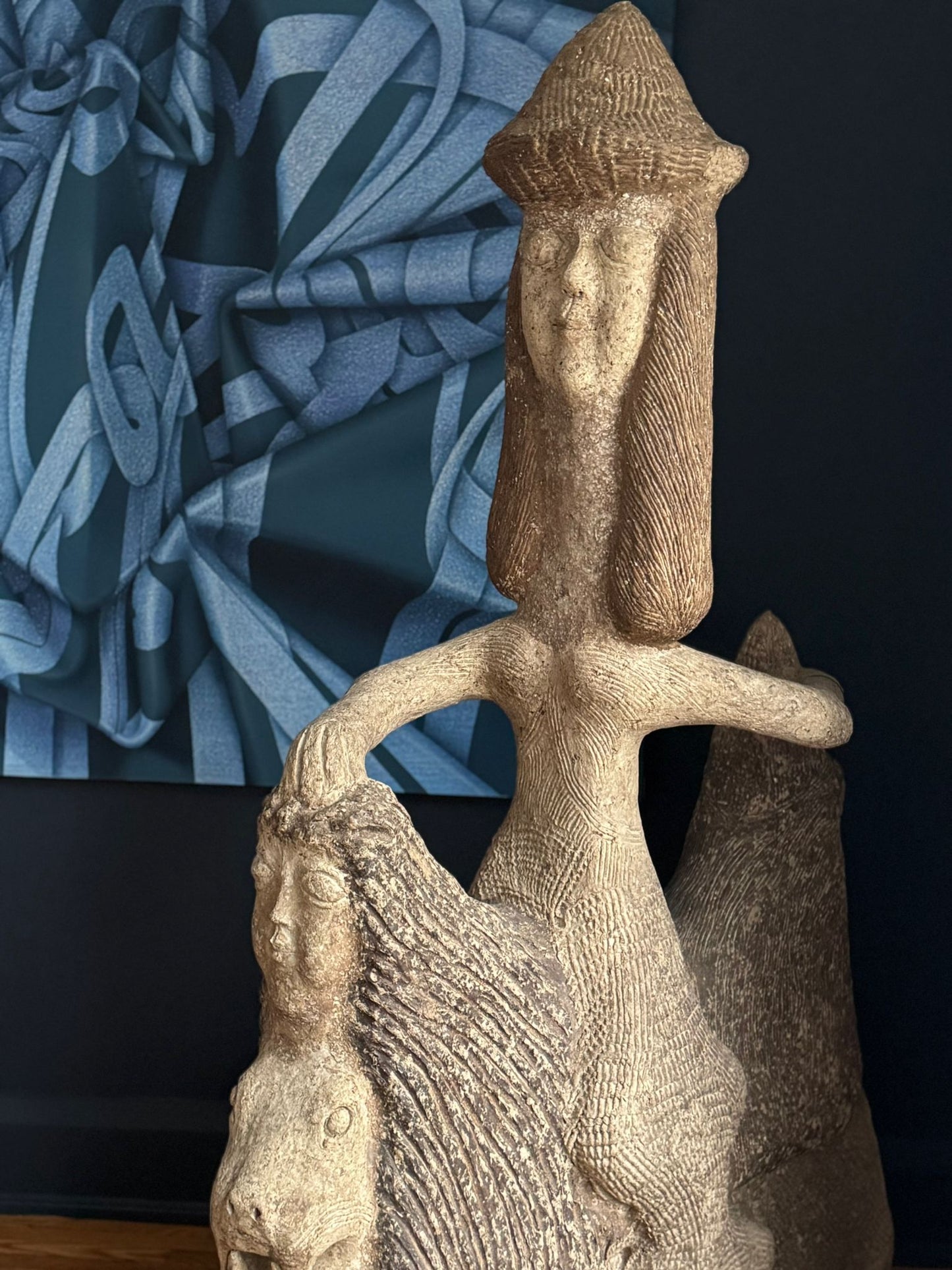 "Guardian of Two Words" Sculpture by Alikhan-Papier-Mâché, 185 cm (72.8") H × 110 cm (43.3") L × 55 cm (21.7") W