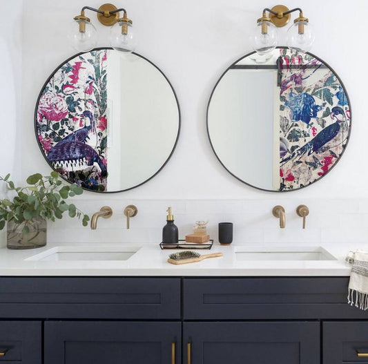 Circle mirrors with metal frame and digital print.