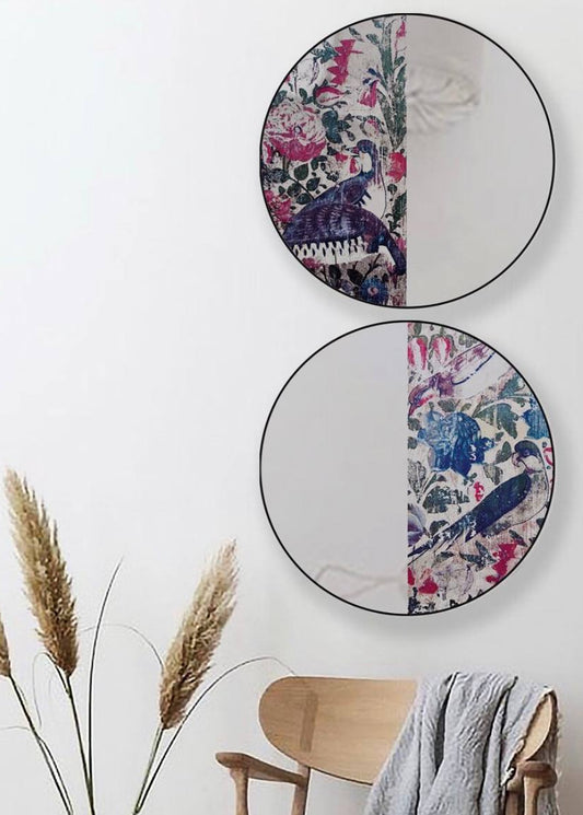 Circle mirrors with metal frame and digital print.