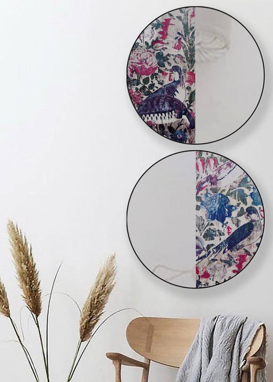 Circle mirrors with metal frame and digital print.