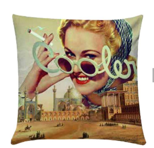 cushion with colorful printed image.